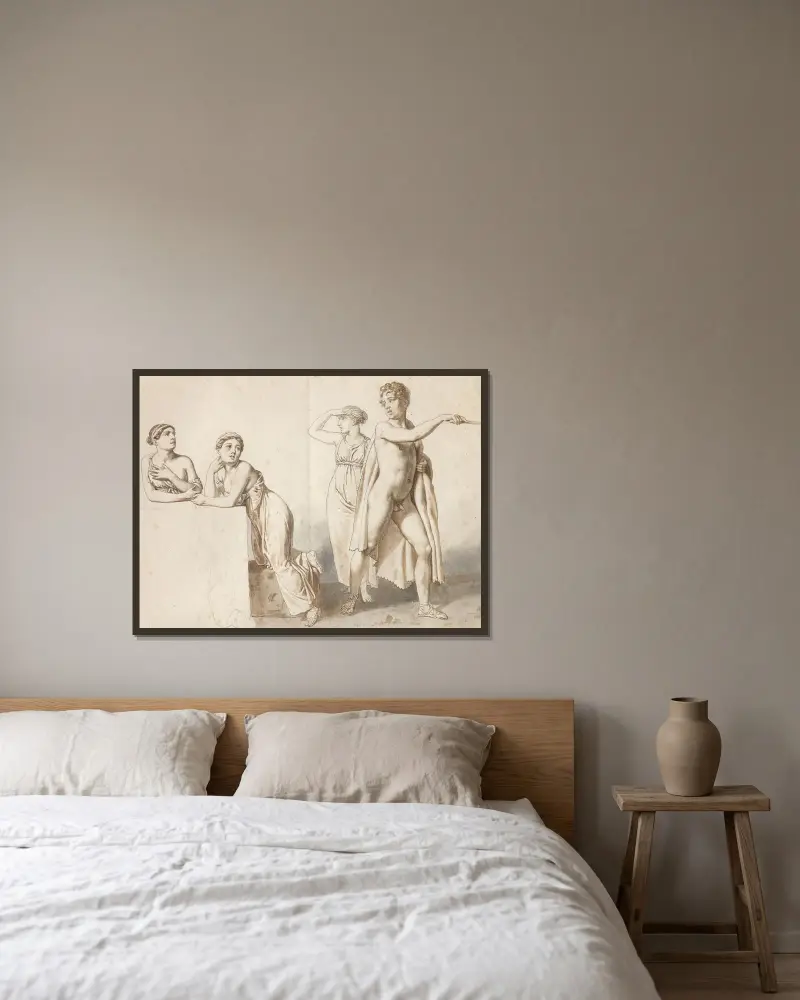Fyra studiefigurer, tre kvinnliga och en manlig i antika dräkter av Christoffer Wilhelm Eckersberg inramad på en vägg