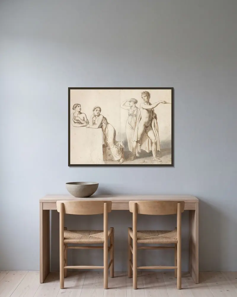 Fyra studiefigurer, tre kvinnliga och en manlig i antika dräkter av Christoffer Wilhelm Eckersberg inramad på en vägg