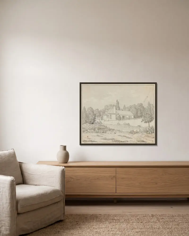 Jean-Jacques Rousseaus Haus im Schlosspark von Ermenonville von Christoffer Wilhelm Eckersberg gerahmt an einer Wand