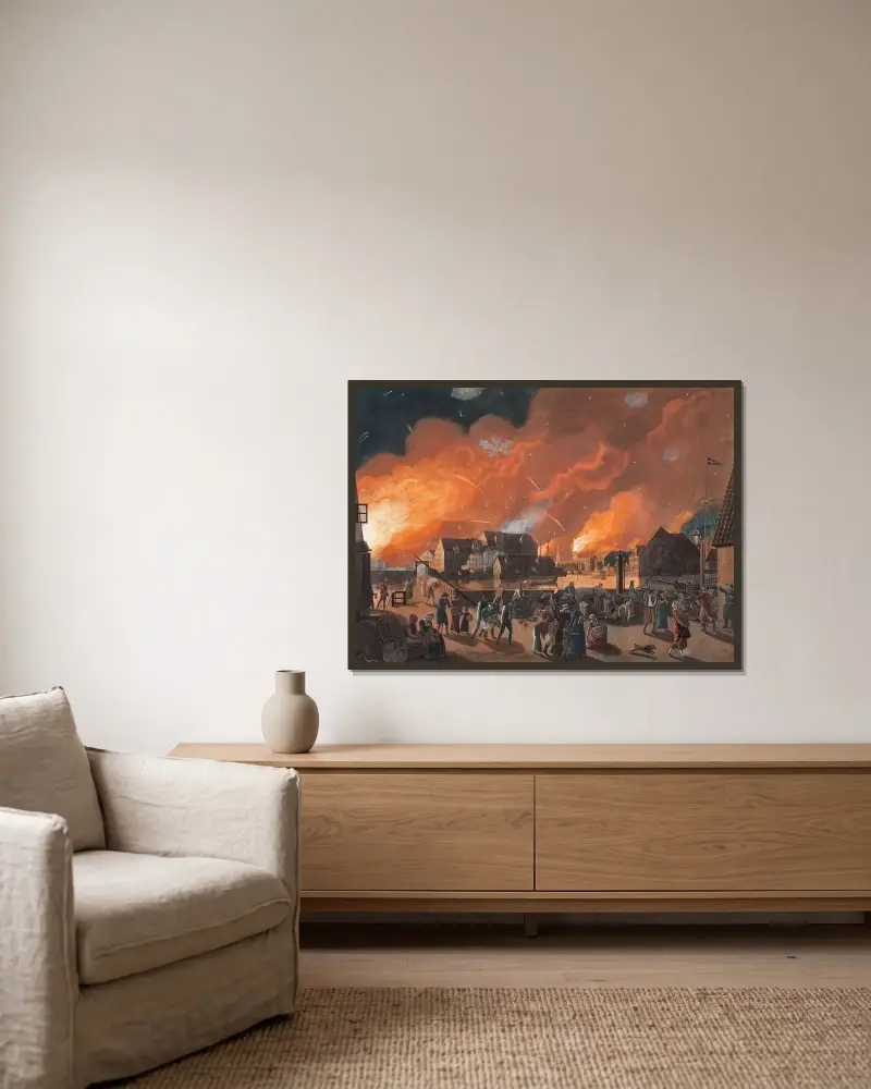Köpenhamn, natten mellan 4 och 5 september sedd från Christianshavn av Christoffer Wilhelm Eckersberg inramad på en vägg