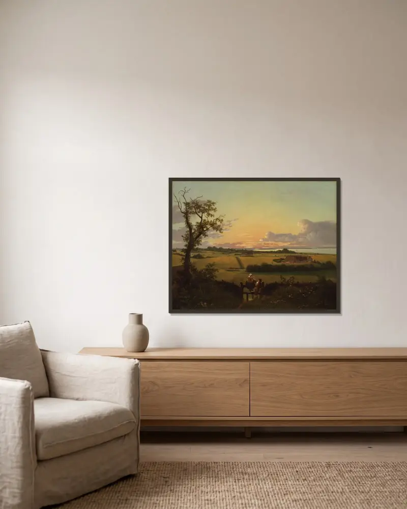 Landskap med stätta. Møn av Christoffer Wilhelm Eckersberg inramad på en vägg