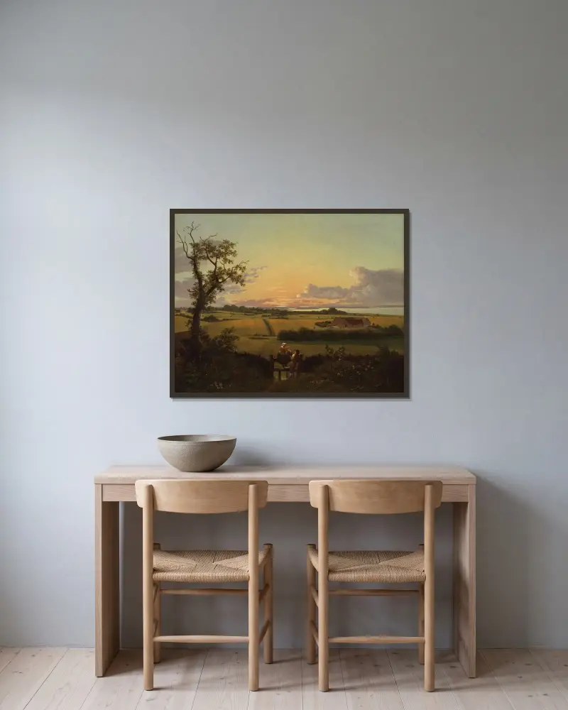 Landskap med stätta. Møn av Christoffer Wilhelm Eckersberg inramad på en vägg