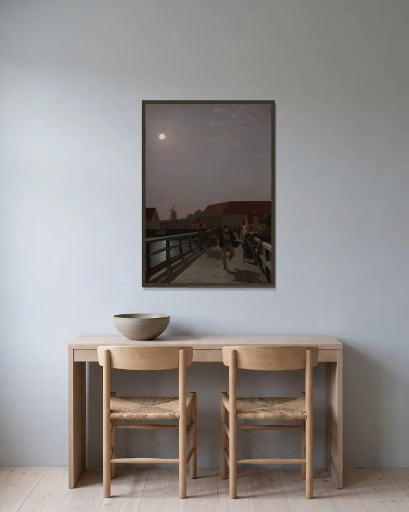Langebro, Copenhagen, in the Moonlight with Running Figures av Christoffer Wilhelm Eckersberg inramad på en vägg