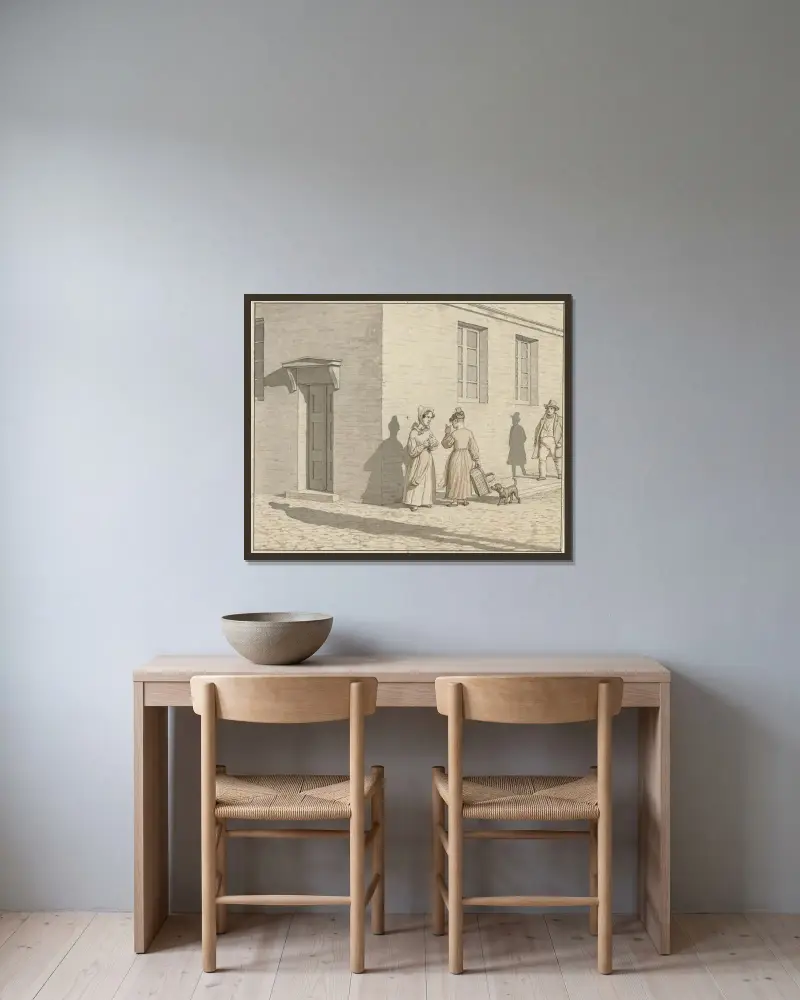 Linjärperspektivet, använt på målarkonsten – Tavla VII,1 – Ett möte på ett gathörn av Christoffer Wilhelm Eckersberg inramad på en vägg