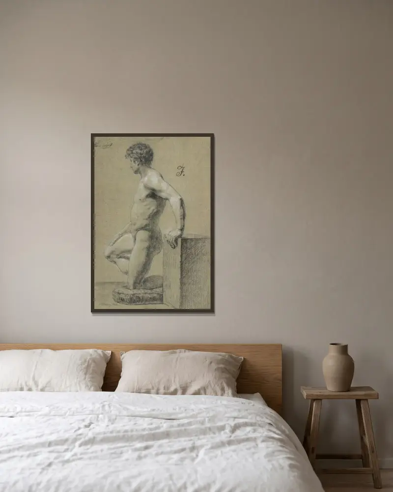 Manlig knäsittande modellfigur, profil till vänster av Christoffer Wilhelm Eckersberg inramad på en vägg