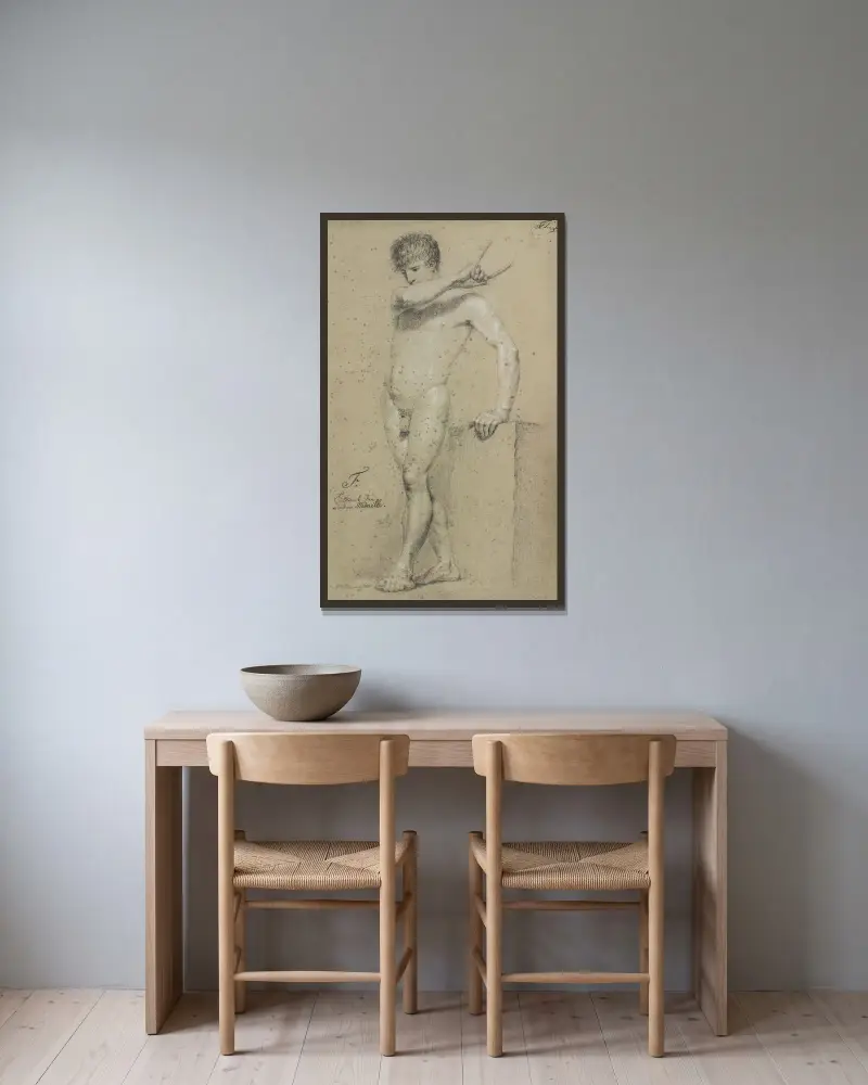 Manlig stående modell, profil åt vänster av Christoffer Wilhelm Eckersberg inramad på en vägg