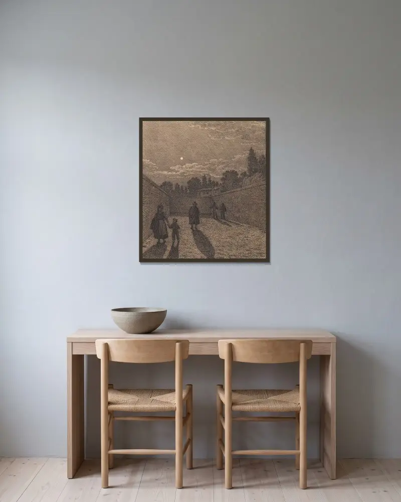 Måne över en väg – illustration till Linearperspectiven, tavla IV av Christoffer Wilhelm Eckersberg inramad på en vägg