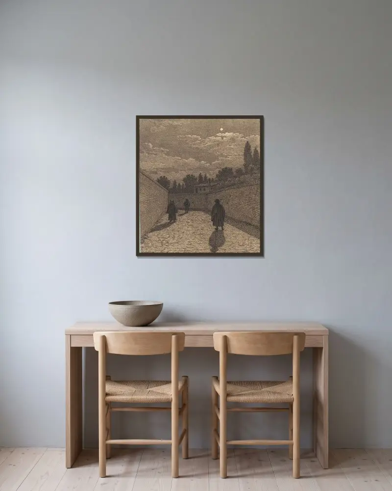 Måne över en väg med tre figurer. Illustration till ’Linearperspectiven’, Tavla IV av Christoffer Wilhelm Eckersberg inramad på en vägg