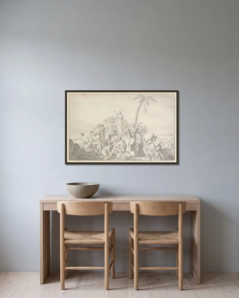 Moses låter Röda havet dra sig tillbaka och Faraos här dränkas av Christoffer Wilhelm Eckersberg inramad på en vägg