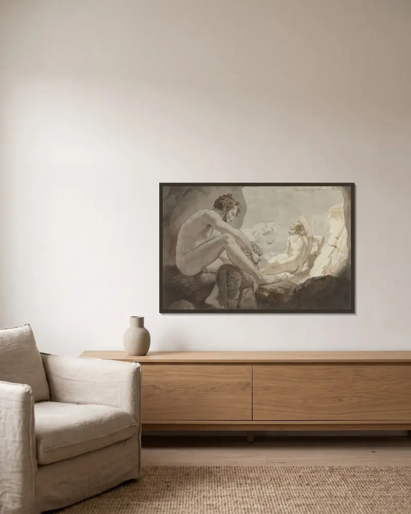 Odysseus flyr från Polyfemos av Christoffer Wilhelm Eckersberg inramad på en vägg