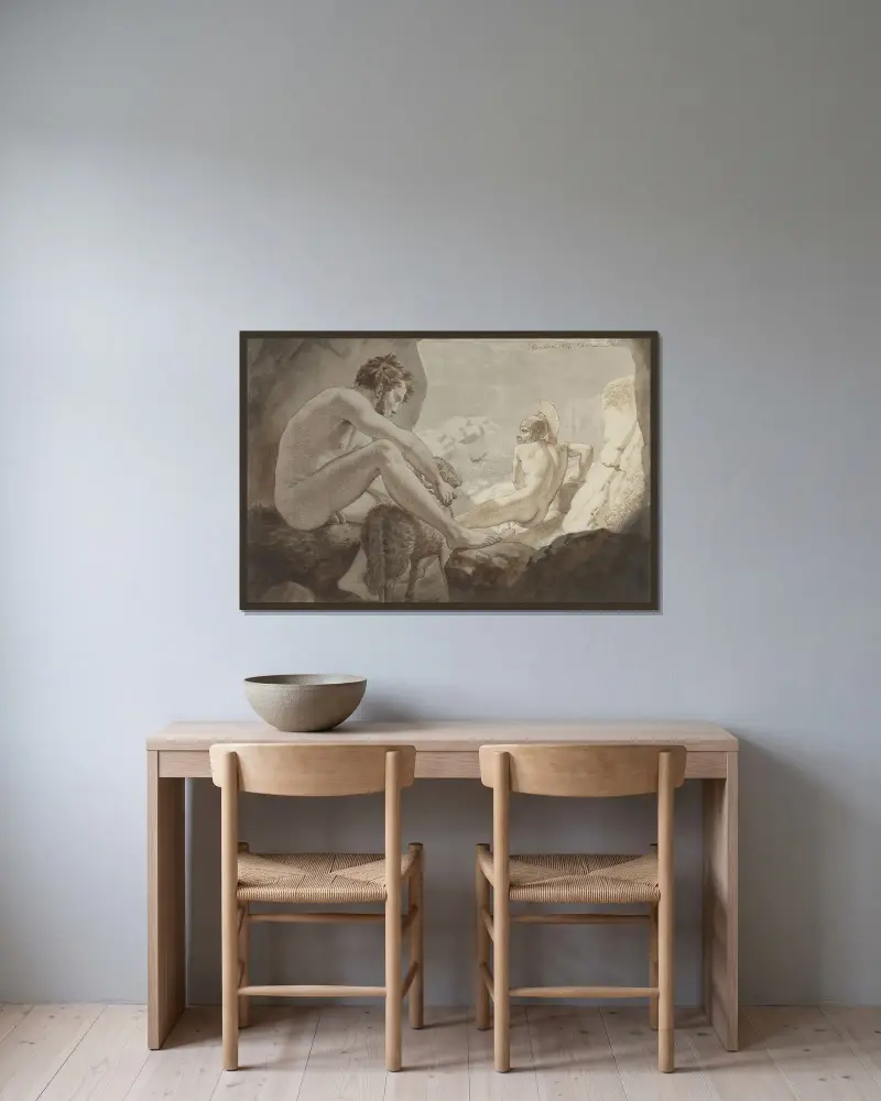 Odysseus flyr från Polyfemos av Christoffer Wilhelm Eckersberg inramad på en vägg