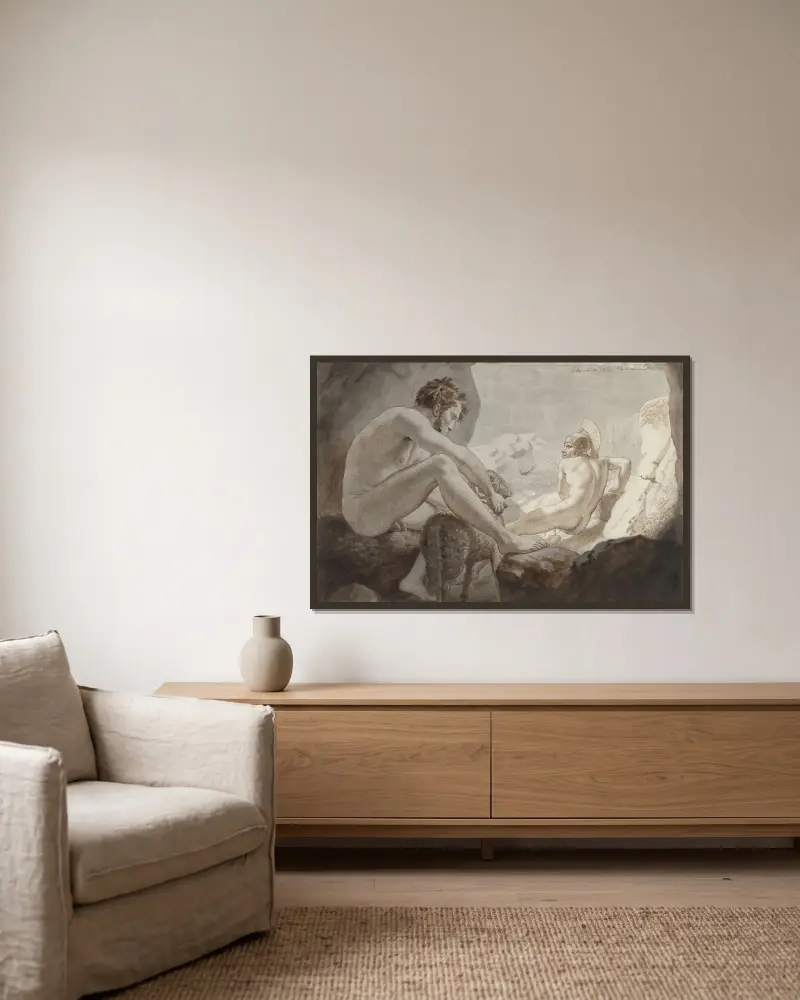 Odysseus flyr från Polyfemos av Christoffer Wilhelm Eckersberg inramad på en vägg