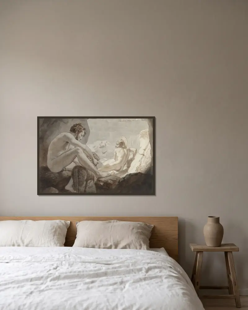 Odysseus flyr från Polyfemos av Christoffer Wilhelm Eckersberg inramad på en vägg