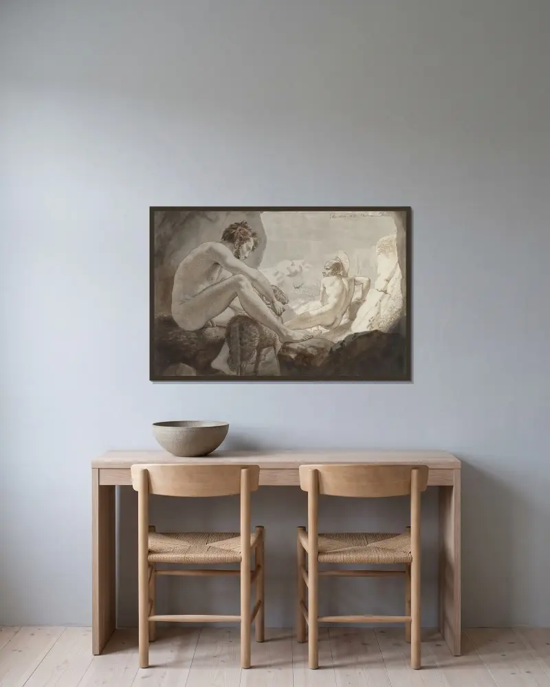 Odysseus flyr från Polyfemos av Christoffer Wilhelm Eckersberg inramad på en vägg