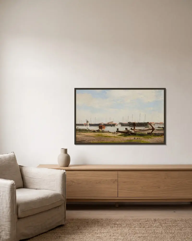 Parti av Nyholm med kranen och några krigsskepp av Christoffer Wilhelm Eckersberg inramad på en vägg