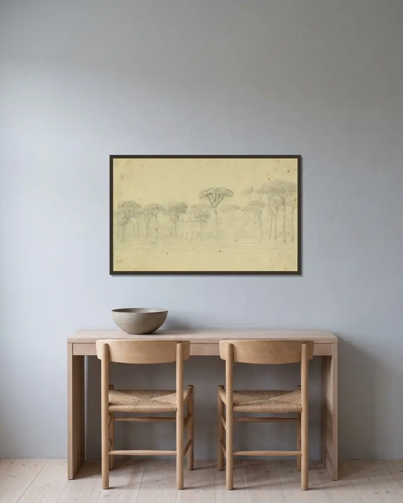 Pinjer i Villa Borgheses trädgård av Christoffer Wilhelm Eckersberg inramad på en vägg