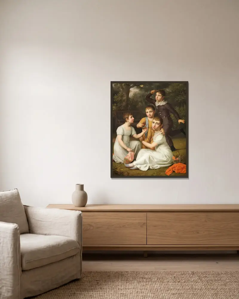 Porträtt av kammarherre, plantageägare och viceguvernör i Västindien Søbøtkers fyra barn, målade i Hummeltofte trädgård av Christoffer Wilhelm Eckersberg inramad på en vägg