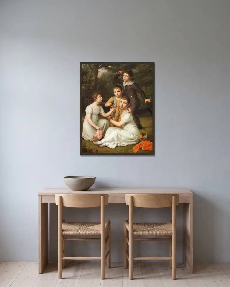 Porträtt av kammarherre, plantageägare och viceguvernör i Västindien Søbøtkers fyra barn, målade i Hummeltofte trädgård av Christoffer Wilhelm Eckersberg inramad på en vägg