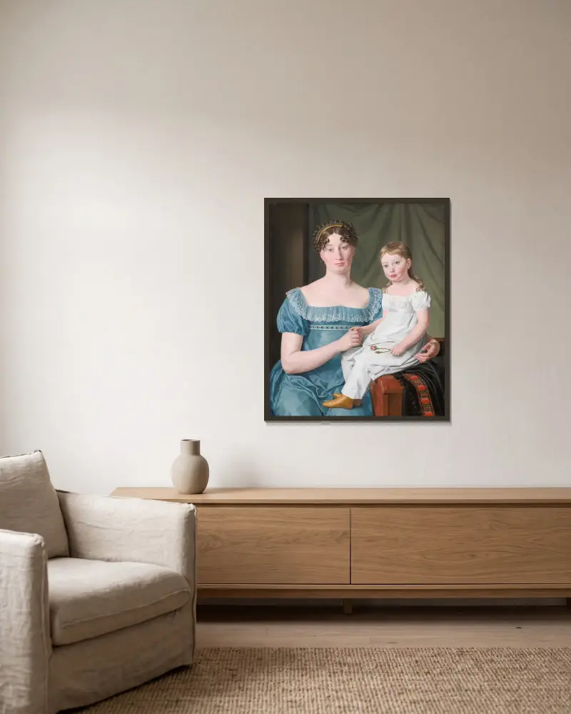 Bildnis einer Adligen, Sophie Hedvig Løvenskiold, und ihrer dreijährigen Tochter von Christoffer Wilhelm Eckersberg gerahmt an einer Wand