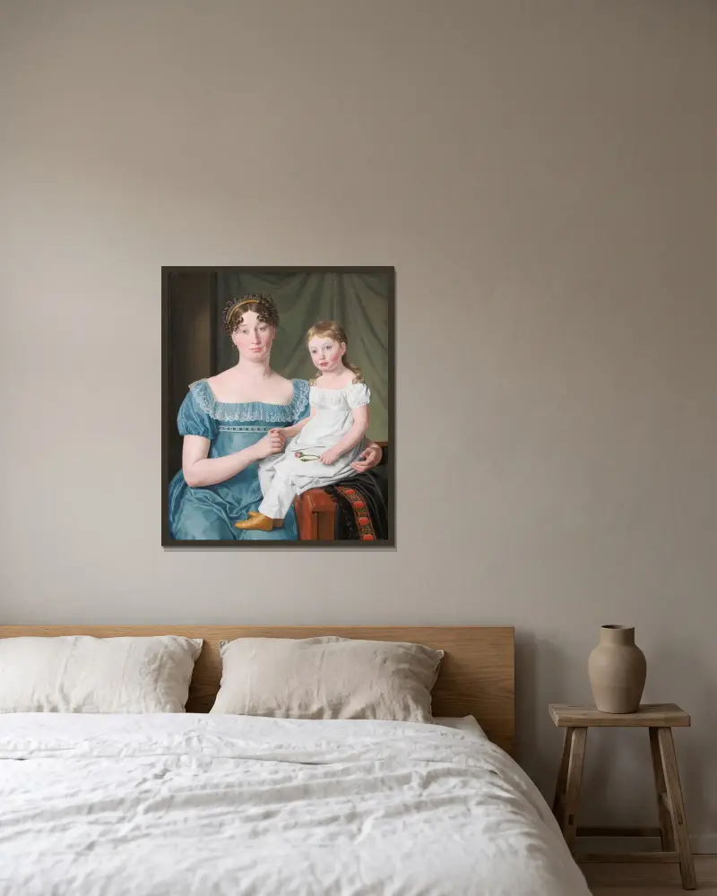 Bildnis einer Adligen, Sophie Hedvig Løvenskiold, und ihrer dreijährigen Tochter von Christoffer Wilhelm Eckersberg gerahmt an einer Wand