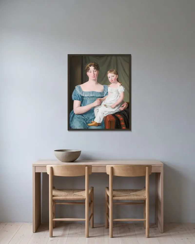 Bildnis einer Adligen, Sophie Hedvig Løvenskiold, und ihrer dreijährigen Tochter von Christoffer Wilhelm Eckersberg gerahmt an einer Wand