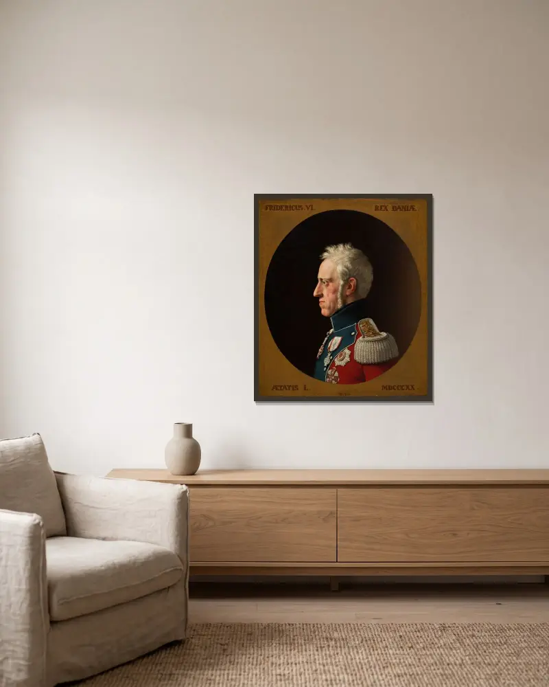 Porträtt av Frederik VI av Christoffer Wilhelm Eckersberg inramad på en vägg