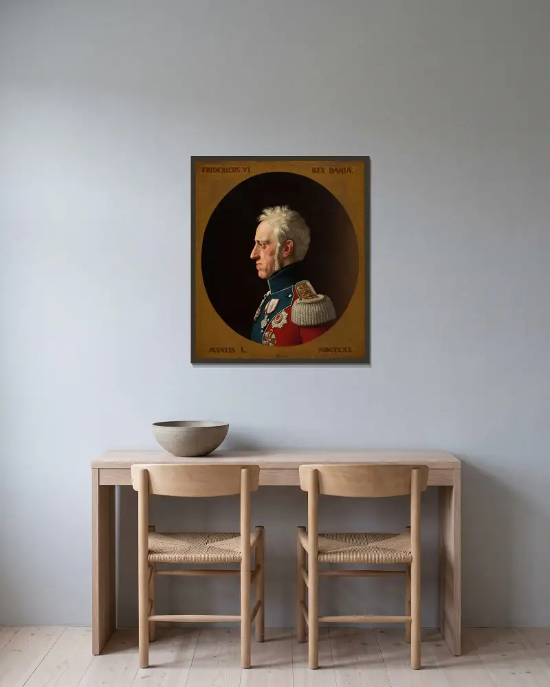 Porträtt av Frederik VI av Christoffer Wilhelm Eckersberg inramad på en vägg