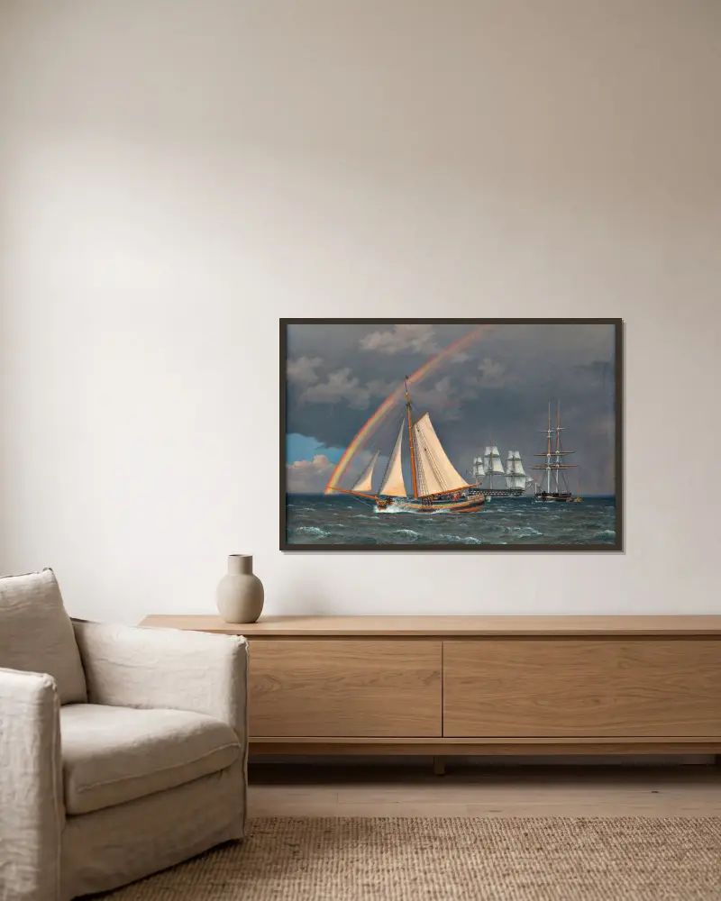 Regenbogen auf See und eine vorbeifahrende Jagd mit anderen Schiffen von Christoffer Wilhelm Eckersberg gerahmt an einer Wand