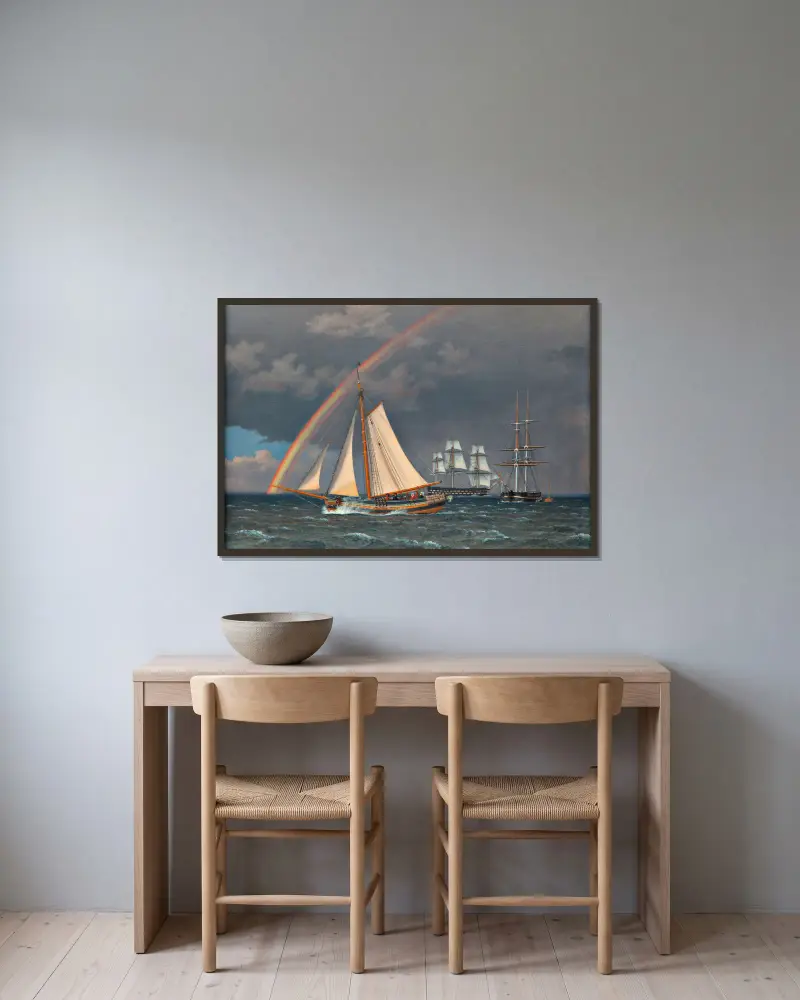 Regenbogen auf See und eine vorbeifahrende Jagd mit anderen Schiffen von Christoffer Wilhelm Eckersberg gerahmt an einer Wand