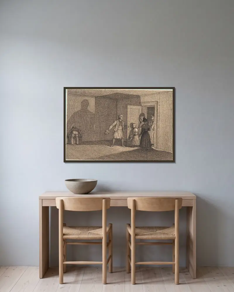 Resande får visar sitt rum – illustration till Linearperspectiven, tavla VIII av Christoffer Wilhelm Eckersberg inramad på en vägg