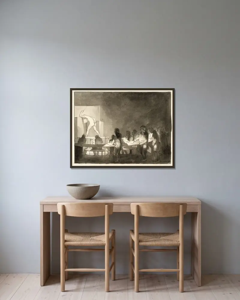 Satire over modelskolen på Kunstakademiet av Christoffer Wilhelm Eckersberg inramad på en vägg