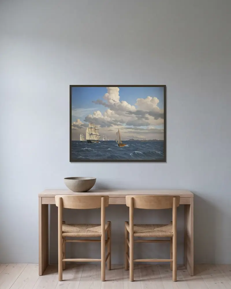 Fartyg i sundet norr om Kronborgs slott, Helsingör av Christoffer Wilhelm Eckersberg inramad på en vägg