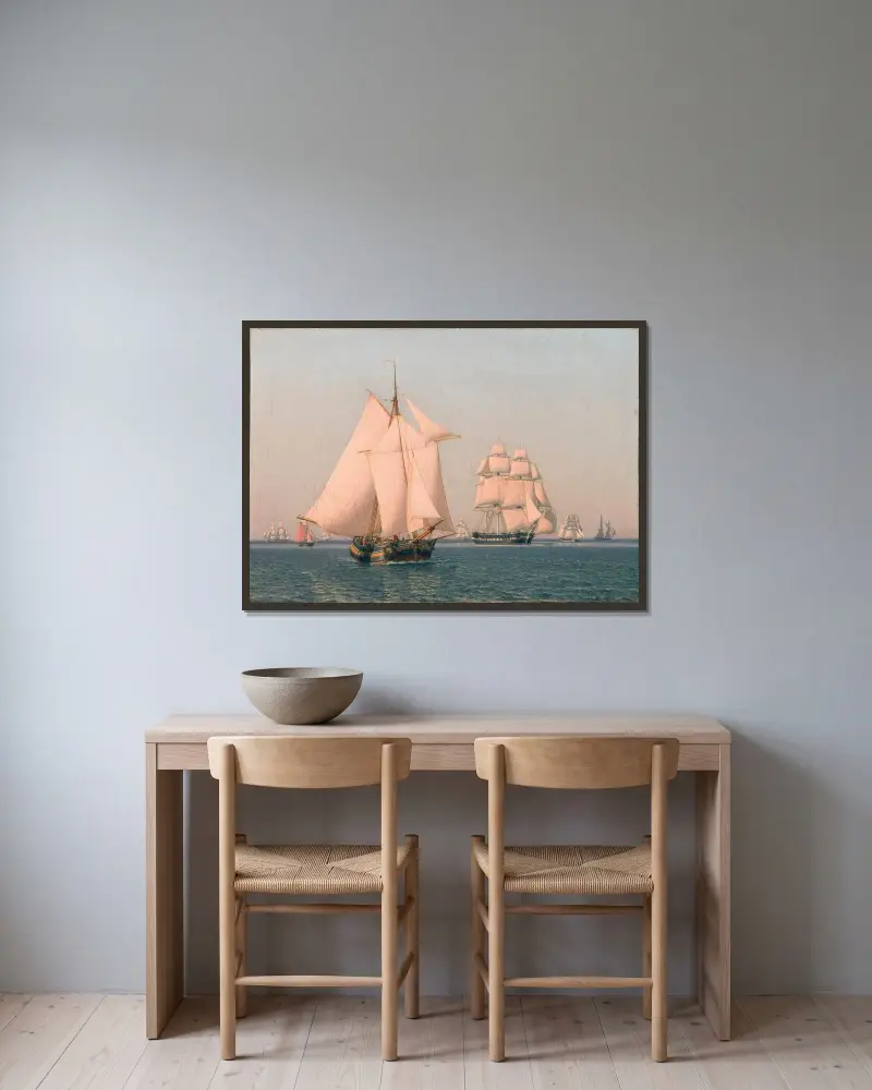 Segelfartyg i mild bris en klar sommaraftermiddag av Christoffer Wilhelm Eckersberg inramad på en vägg
