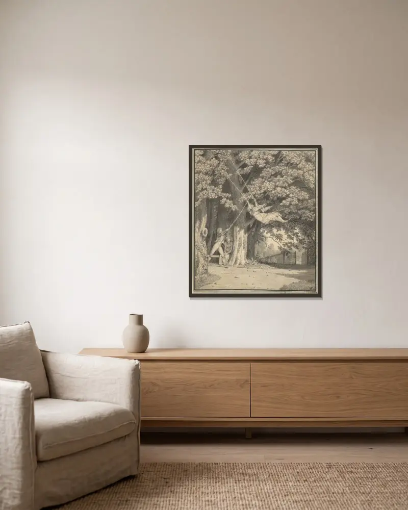 Waldpartie bei Skjoldnæsholm mit einem jungen Mann, der ein junges Mädchen schaukelt von Christoffer Wilhelm Eckersberg gerahmt an einer Wand
