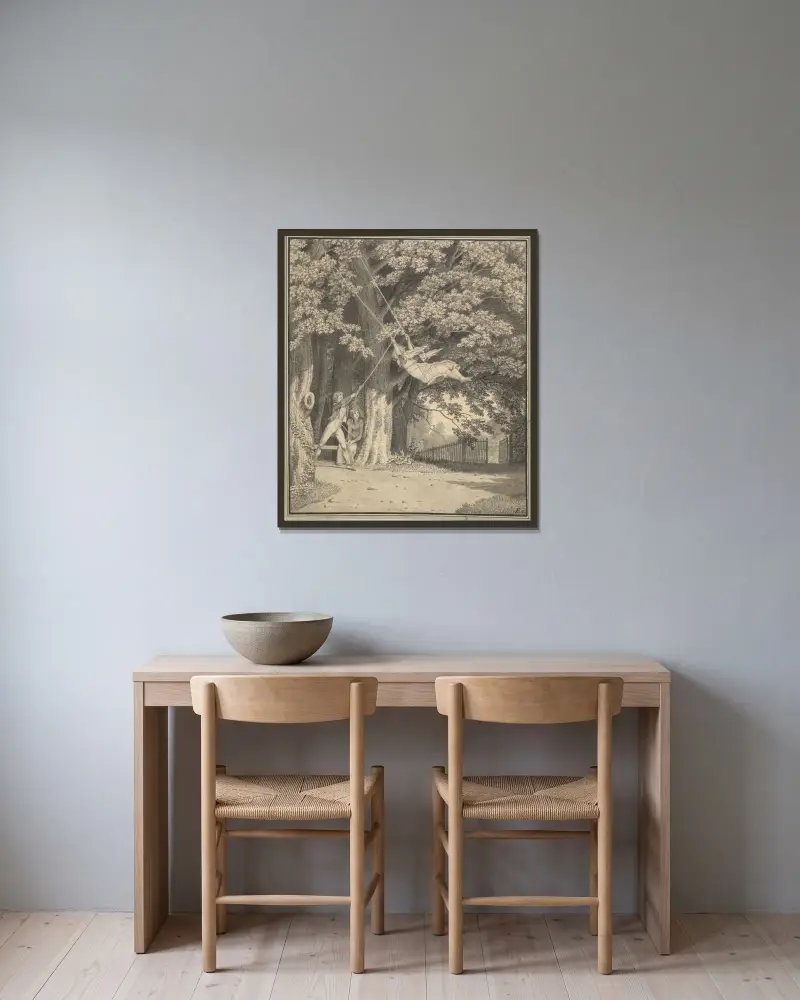 Waldpartie bei Skjoldnæsholm mit einem jungen Mann, der ein junges Mädchen schaukelt von Christoffer Wilhelm Eckersberg gerahmt an einer Wand