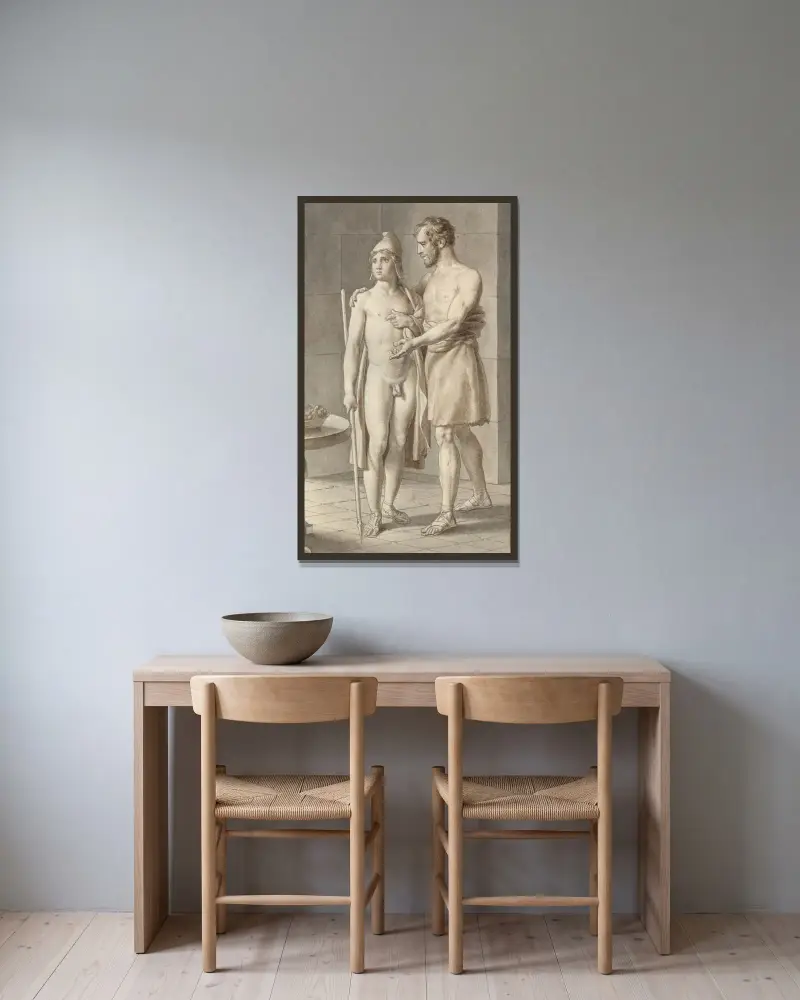 Telemachos møder Odysseus forklædt som tigger hos hyrden Eumaios – Odysseus; fragment af hele kompositionen. av Christoffer Wilhelm Eckersberg inramad på en vägg