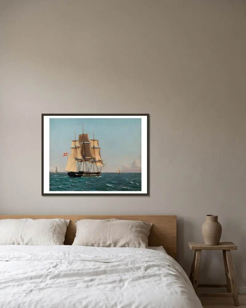The Corvette Najaden under Sail av Christoffer Wilhelm Eckersberg inramad på en vägg