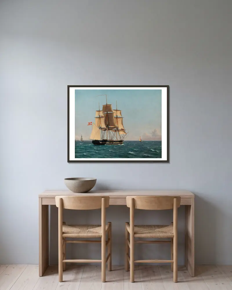 The Corvette Najaden under Sail av Christoffer Wilhelm Eckersberg inramad på en vägg