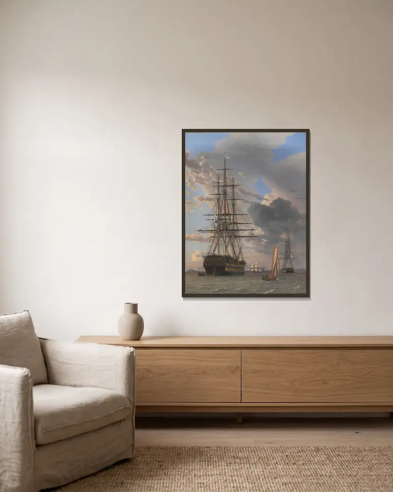 The Russian Ship of the Line ‘Asow’ and a Frigate at Anchor near Elsinore av Christoffer Wilhelm Eckersberg inramad på en vägg