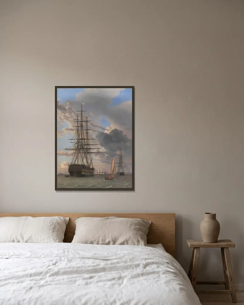 The Russian Ship of the Line ‘Asow’ and a Frigate at Anchor near Elsinore av Christoffer Wilhelm Eckersberg inramad på en vägg