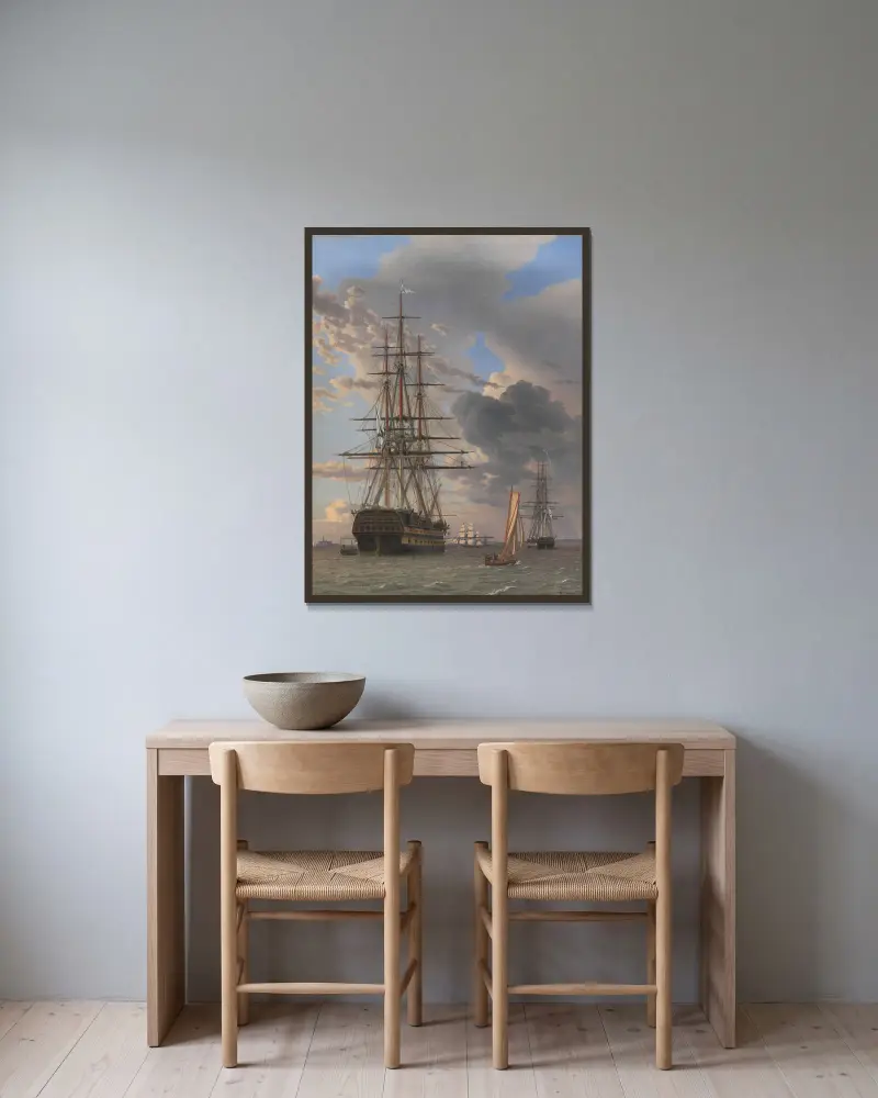 The Russian Ship of the Line ‘Asow’ and a Frigate at Anchor near Elsinore av Christoffer Wilhelm Eckersberg inramad på en vägg