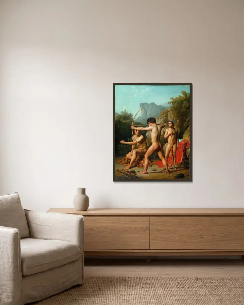 Tre spartanska pojkar övar bågskytte av Christoffer Wilhelm Eckersberg inramad på en vägg
