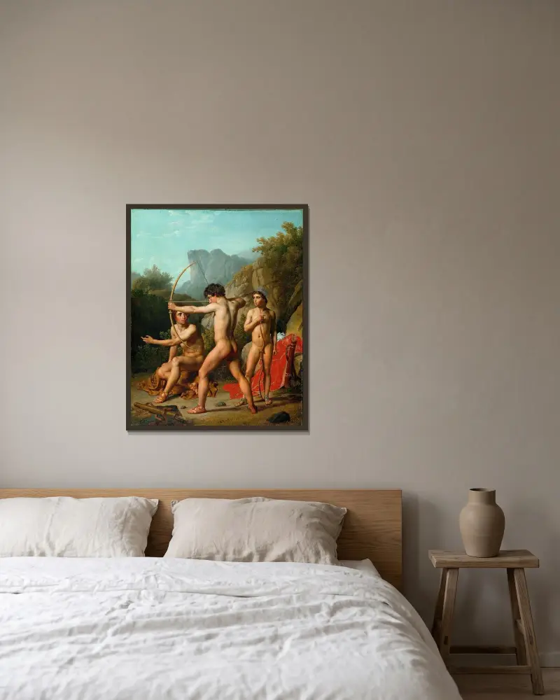 Tre spartanska pojkar övar bågskytte av Christoffer Wilhelm Eckersberg inramad på en vägg
