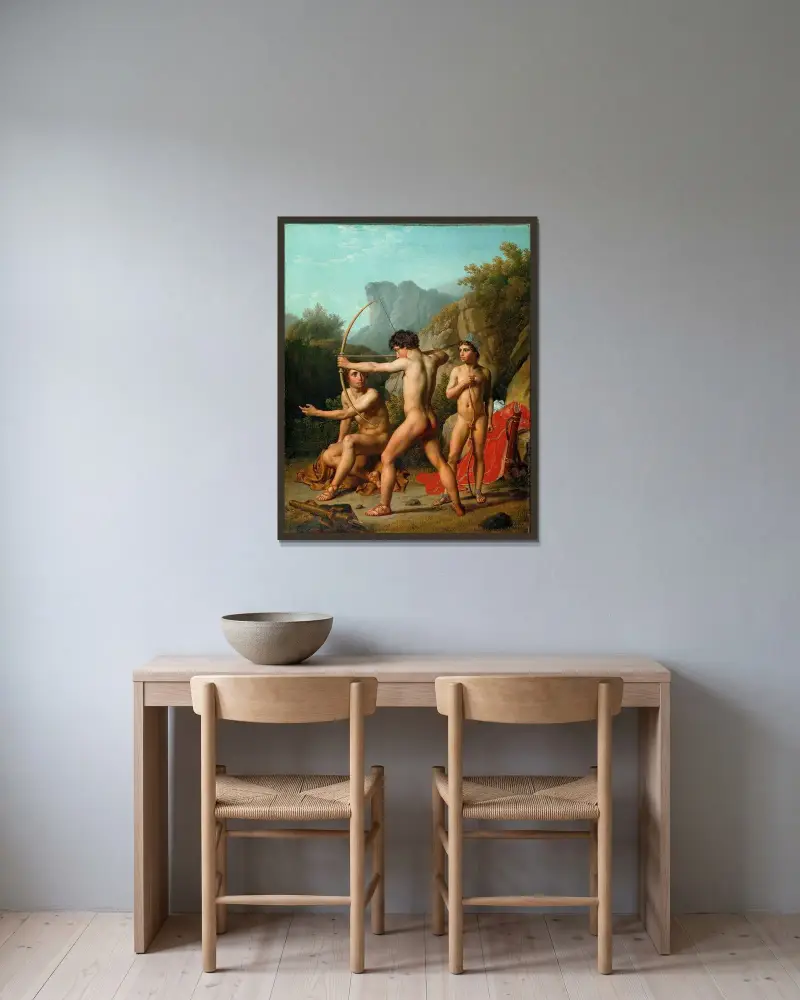 Tre spartanska pojkar övar bågskytte av Christoffer Wilhelm Eckersberg inramad på en vägg