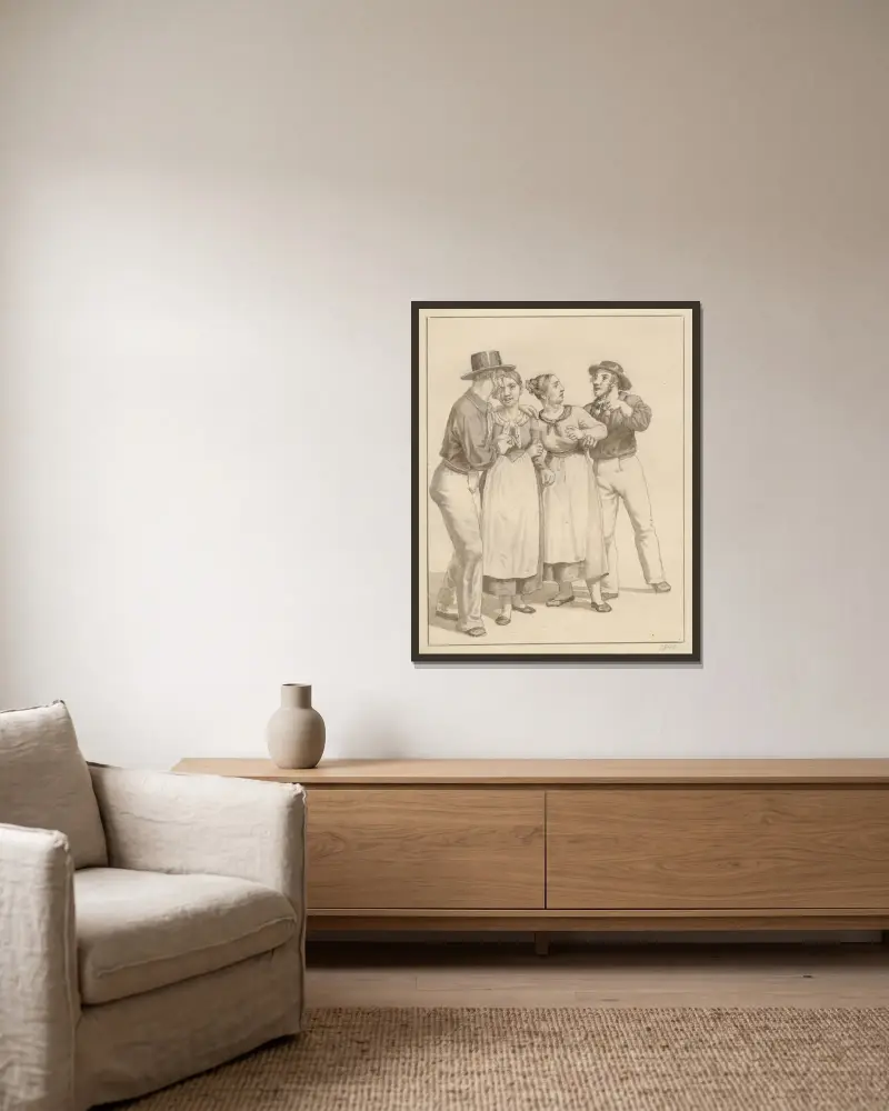Zwei Seeleute umwerben ein paar Mädchen von Christoffer Wilhelm Eckersberg gerahmt an einer Wand