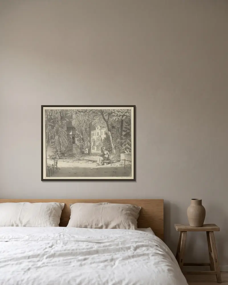 Vid Descartes och Condes gravvårdar i Jardin Elysée des Petits Augustins, Paris av Christoffer Wilhelm Eckersberg inramad på en vägg