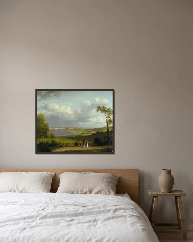 Vy norr om Kronborgs slott av Christoffer Wilhelm Eckersberg inramad på en vägg
