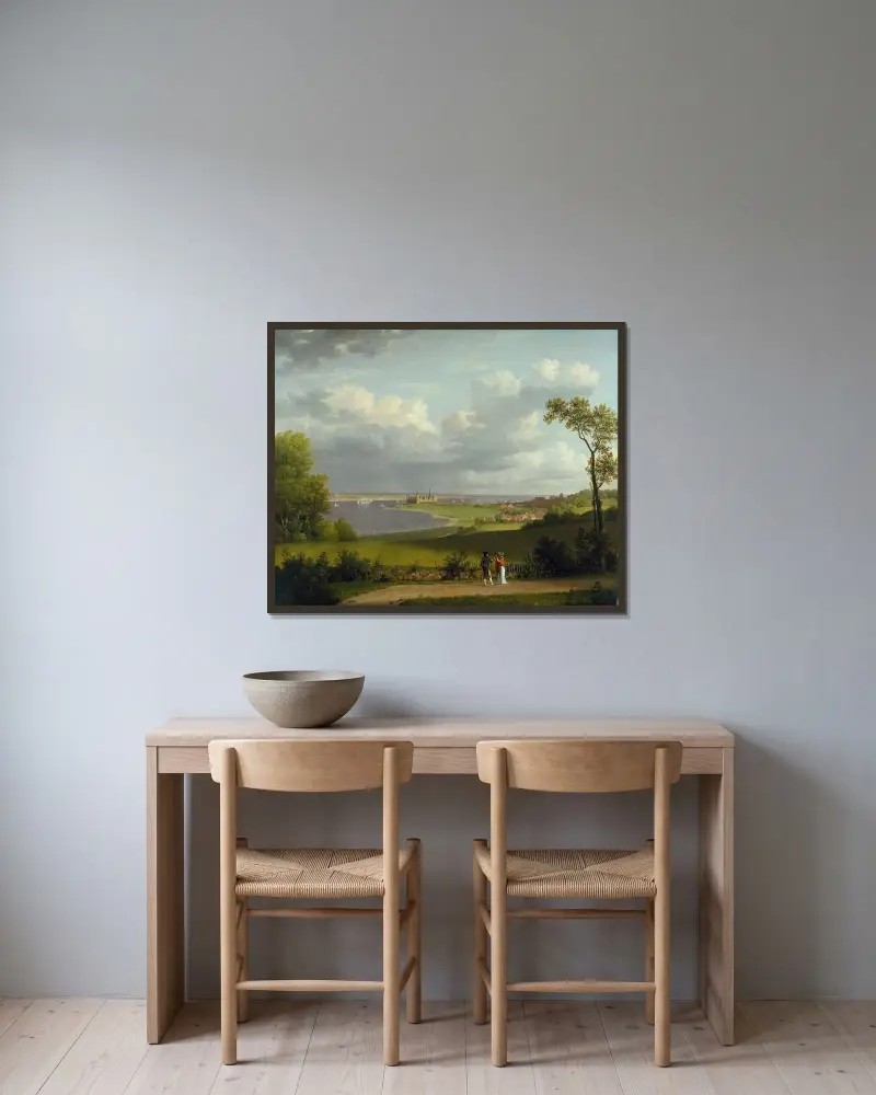 Vy norr om Kronborgs slott av Christoffer Wilhelm Eckersberg inramad på en vägg