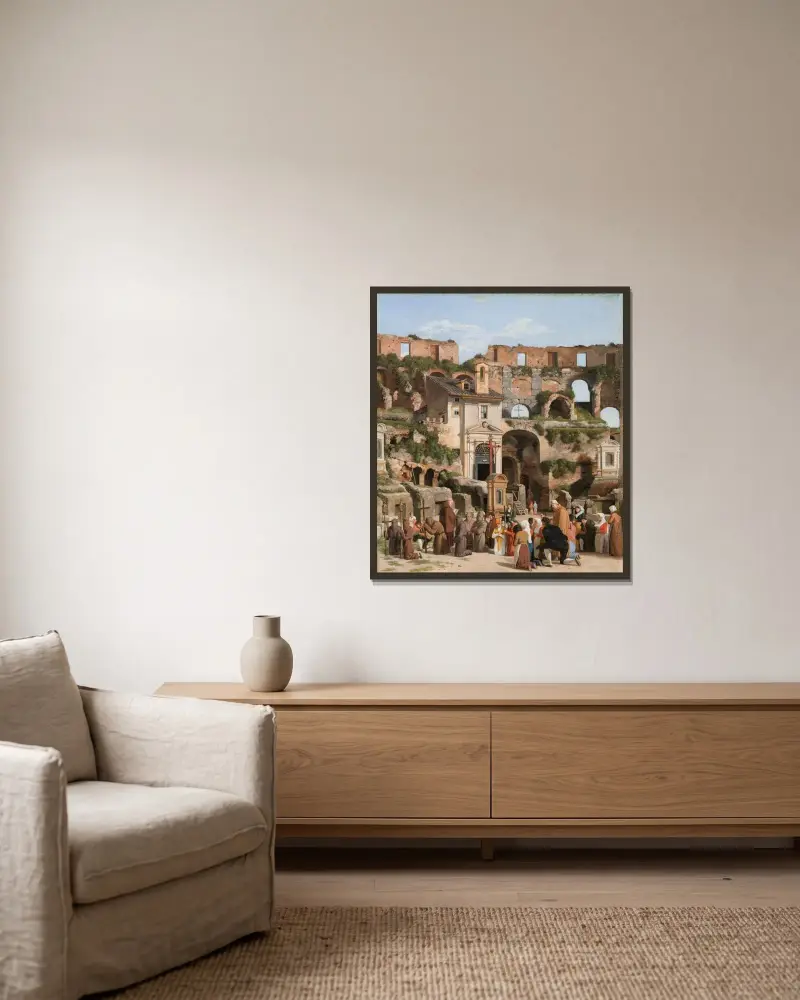 Vy över Colosseums interiör av Christoffer Wilhelm Eckersberg inramad på en vägg