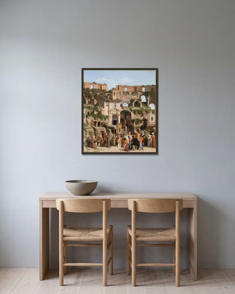 Vy över Colosseums interiör av Christoffer Wilhelm Eckersberg inramad på en vägg